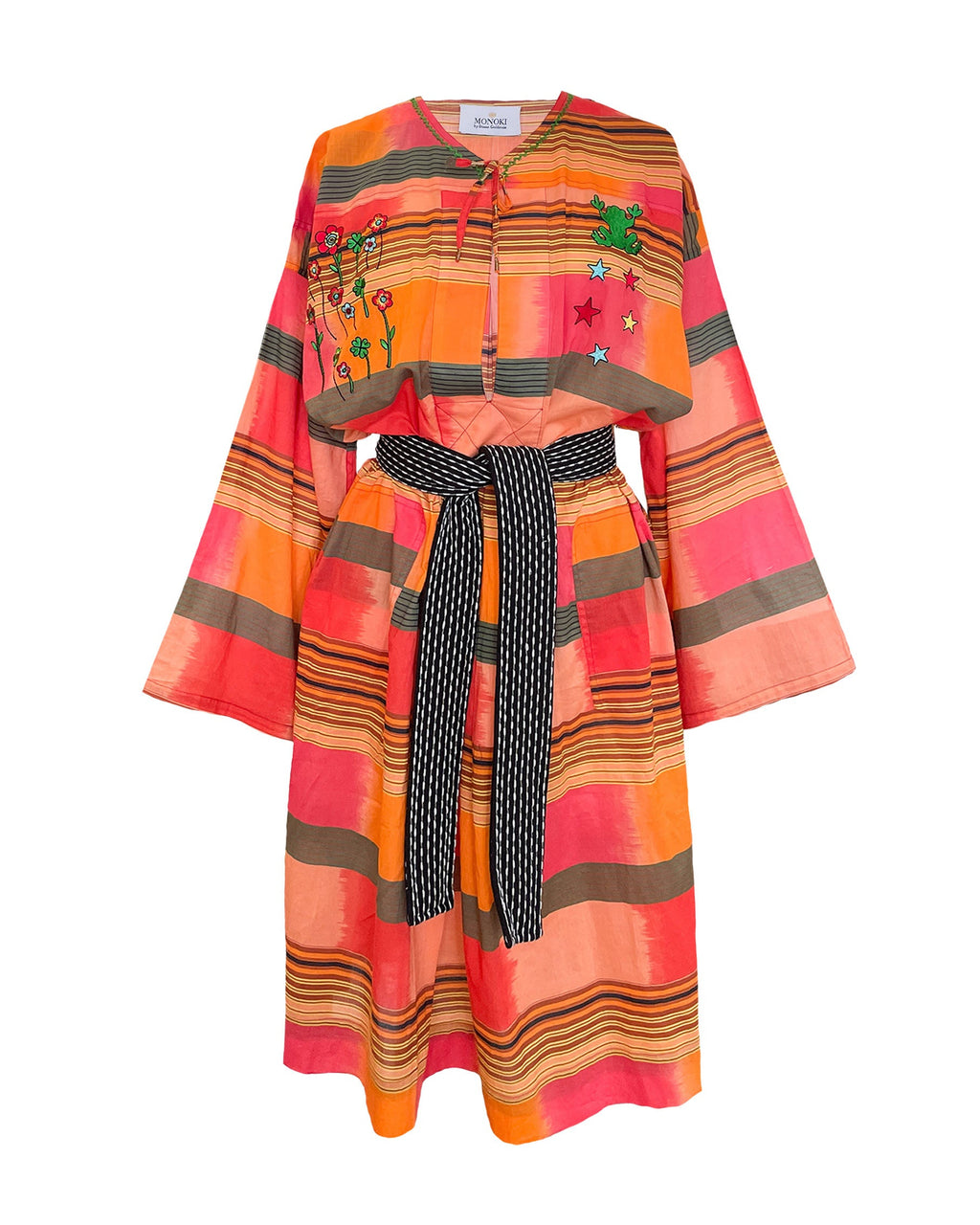 Monoki colorful striped long-sleeve dress with a cropped jacket-style top, featuring pink, orange, and beige horizontal stripes, embroidered details, and a black patterned self-tie belt.