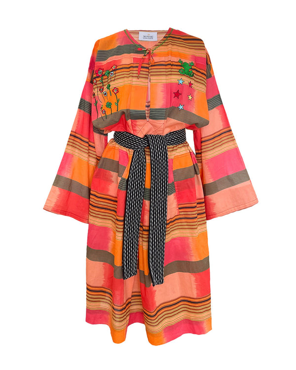 Monoki colorful striped long-sleeve dress with a cropped jacket-style top, featuring pink, orange, and beige horizontal stripes, embroidered details, and a black patterned self-tie belt.