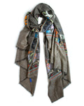 Yaser Shaw cashmere shawl scarf charcoal grey, embroidered animals
