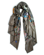 Yaser Shaw cashmere shawl scarf charcoal grey, embroidered animals