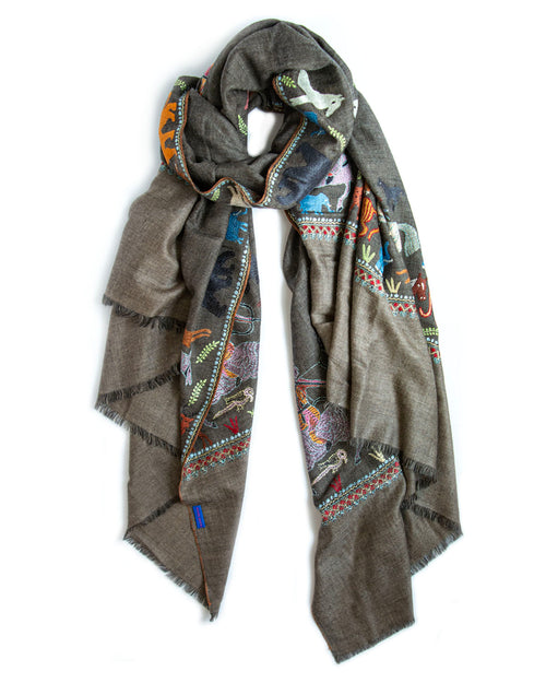 Yaser Shaw cashmere shawl scarf charcoal grey, embroidered animals