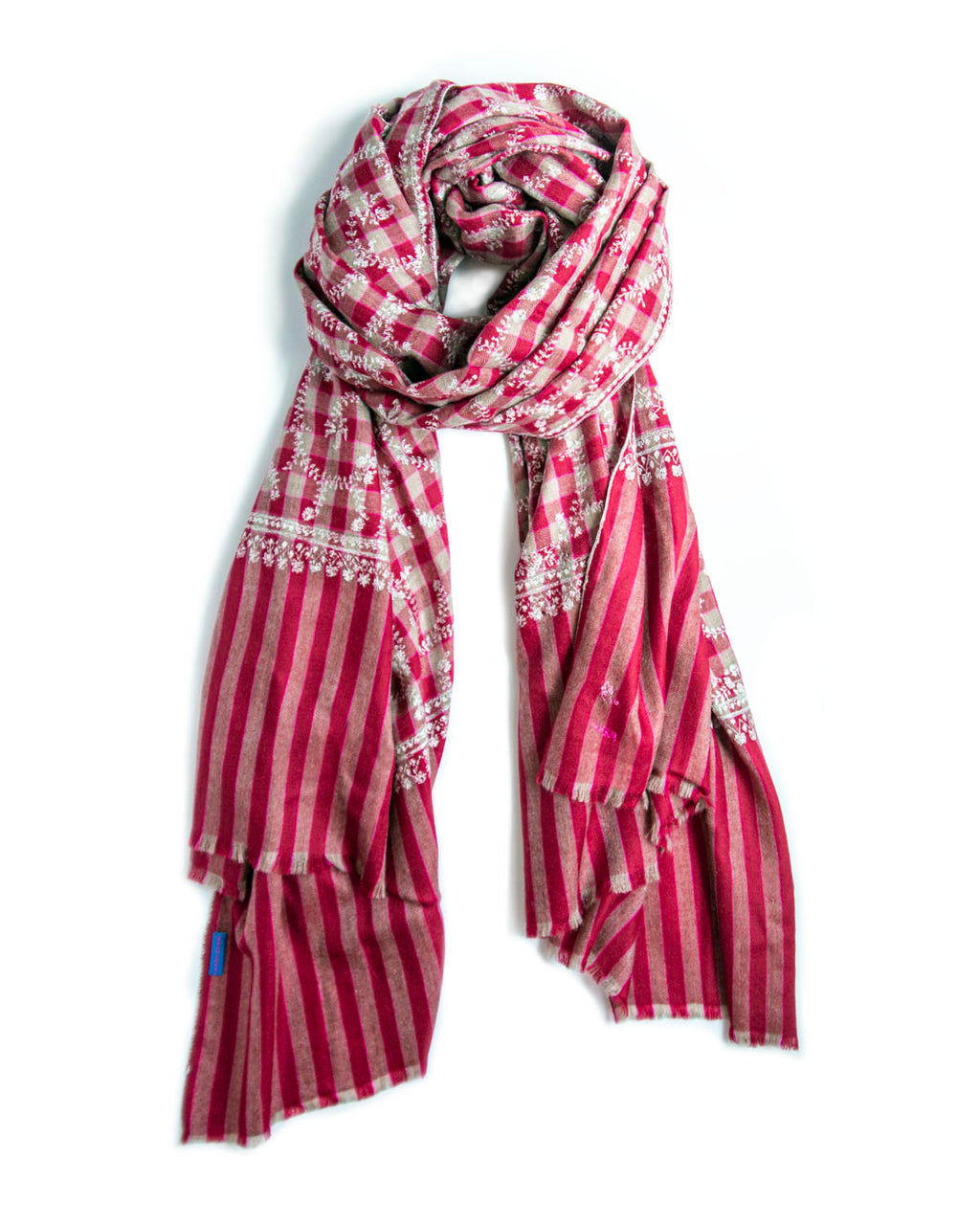 Yaser Shaw Cashmere shawl in burgundy and white