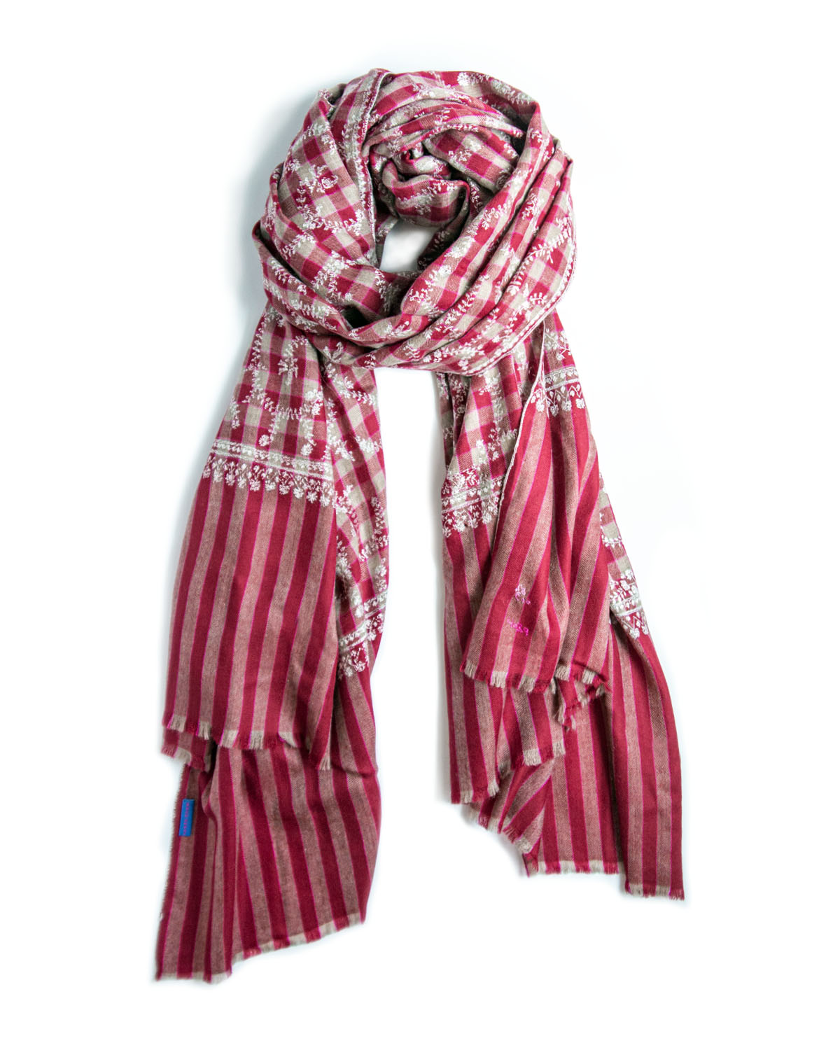 Yaser Shaw Cashmere shawl in burgundy and white