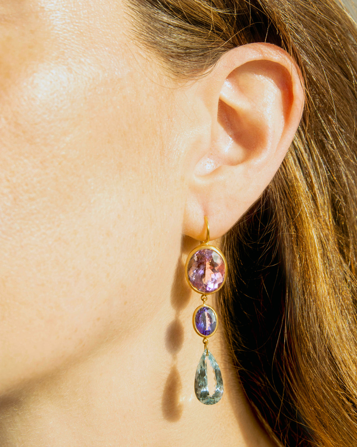 Elizabeth T Earrings - Amethyst, Tanzanite, Aqua