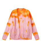 Tie-dye cardigan with pink and orange pattern on a white background