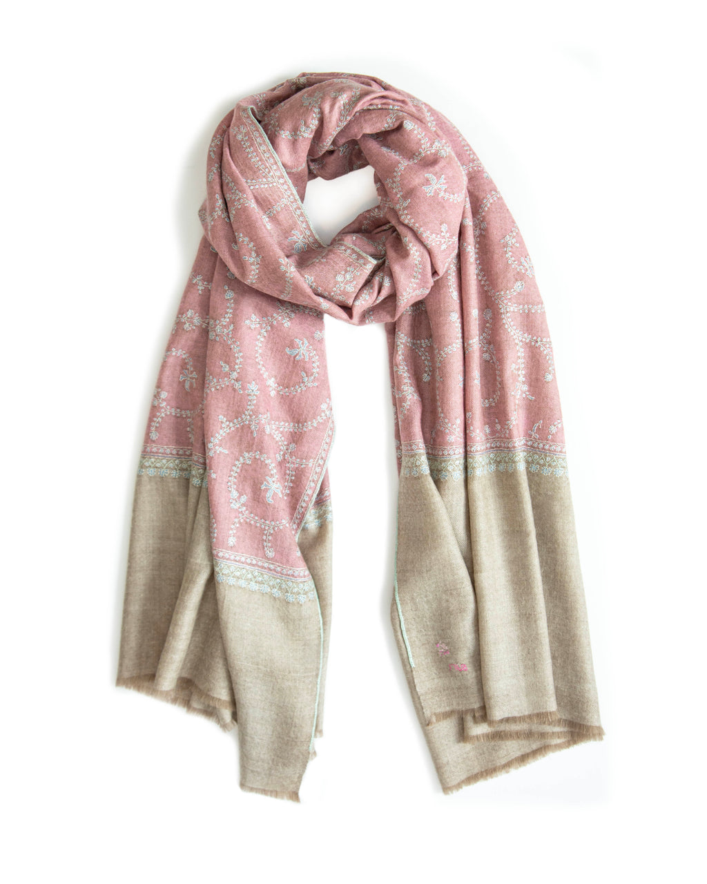 Pink + Beige All Over Vines Cashmere Pashmina Shawl