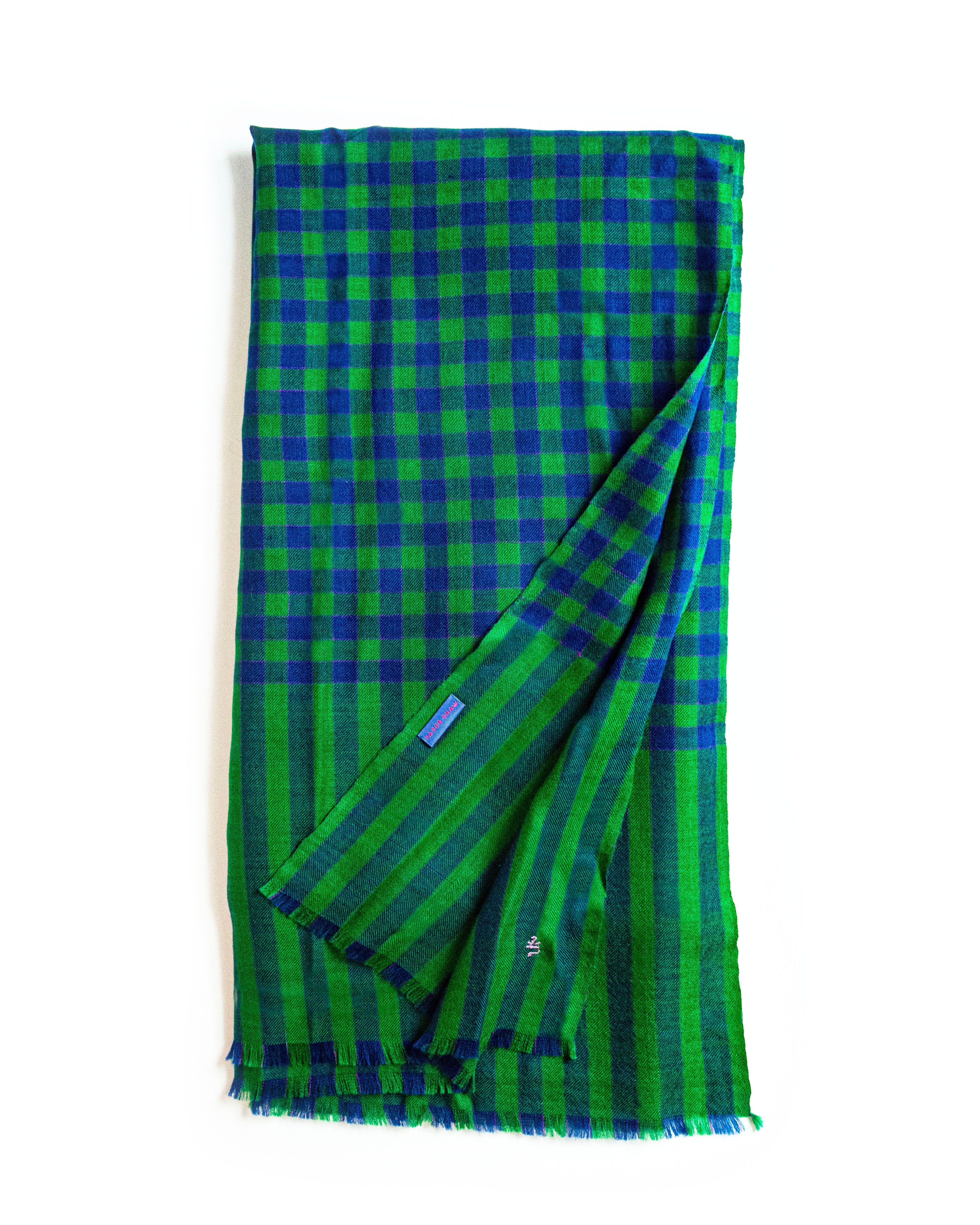 Blue Green Check Cashmere Pashmina Shawl