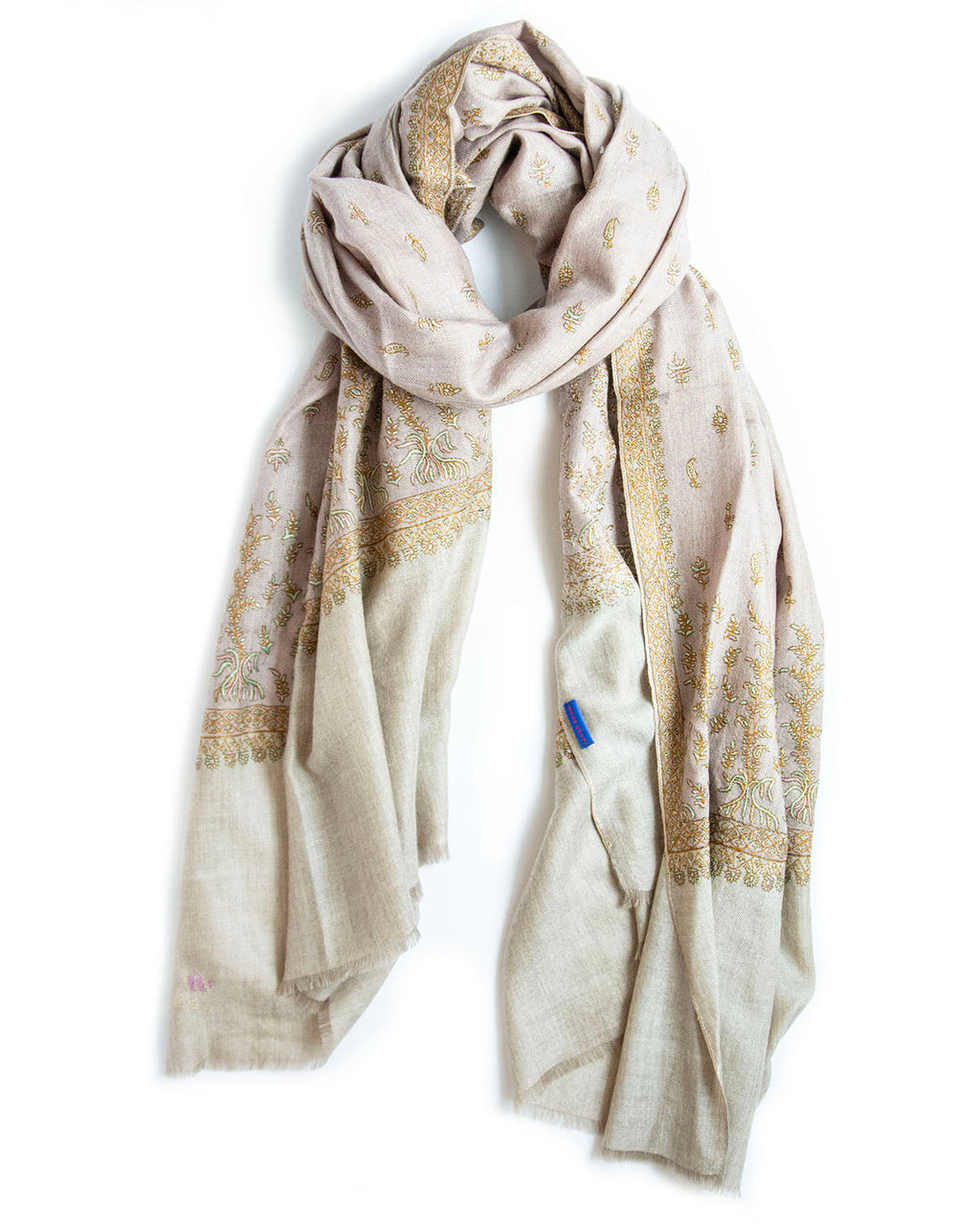 Yaser Shaw cashmere shawl taupe beige, floral 