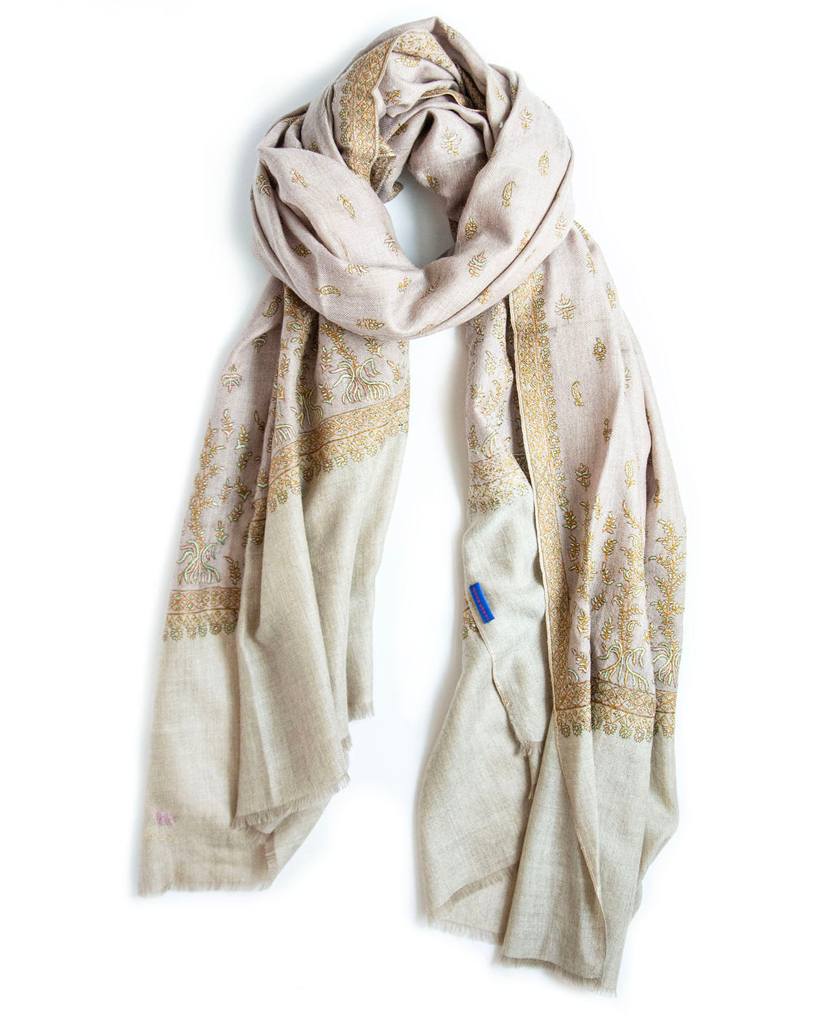 Yaser Shaw cashmere shawl taupe beige, floral 