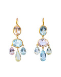 Pair of gold earrings with multicolored gemstones on a white background